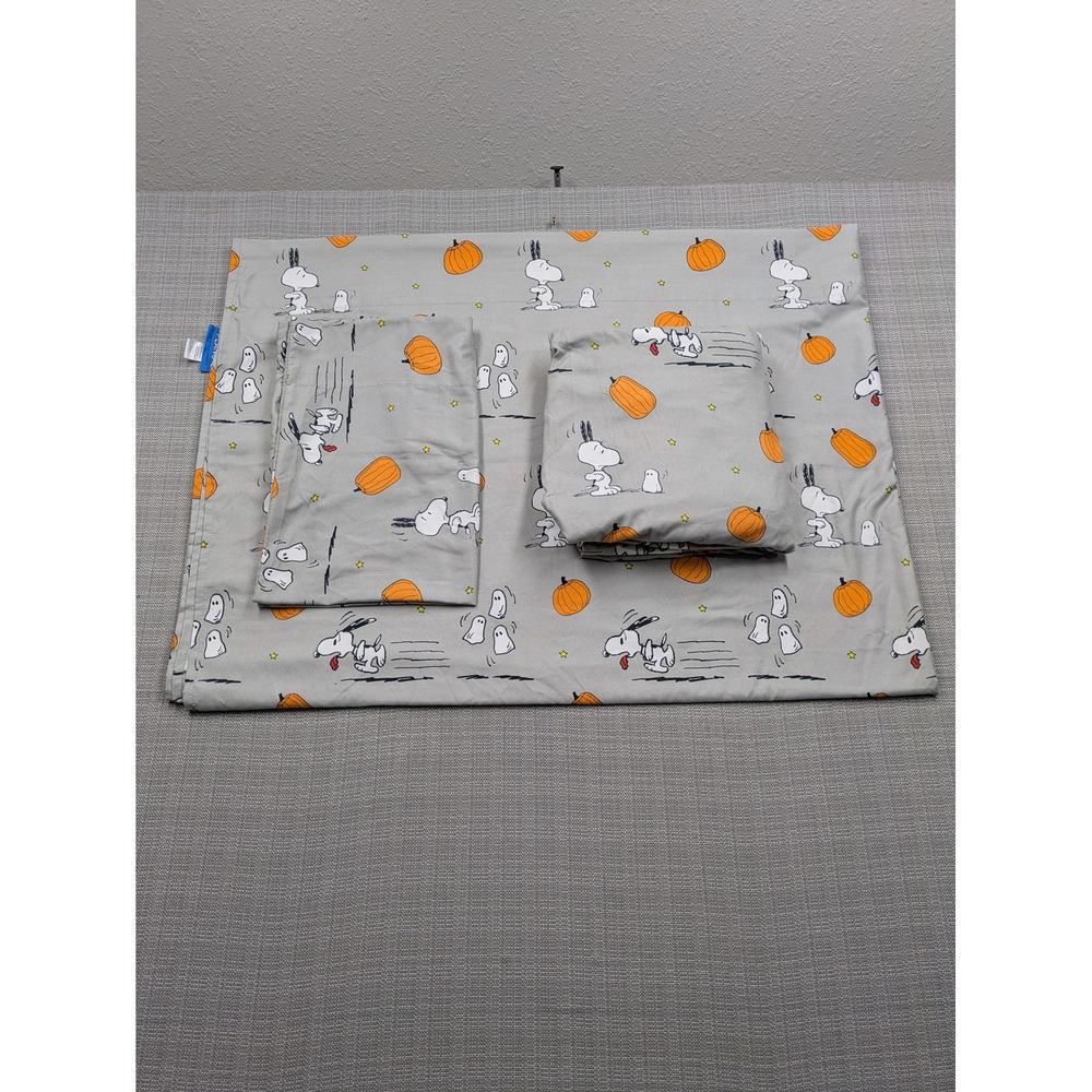 Peanuts Snoopy Twin Sheet Set Gray Halloween Pumpkins Kids Bedding Berkshire